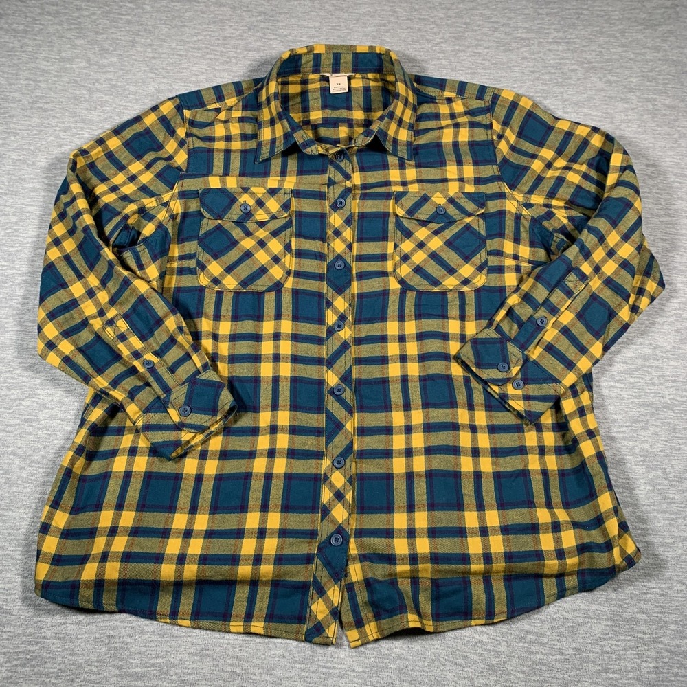 Duluth Trading Shirt Womens 2XL Green Plaid Flannel Long Sleeve Button Down